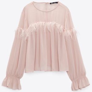 Zara Flowy Feather Shirt SIZE S BEIGE PINK NEW WITH TAGS